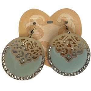 Elaine’s Wearable Art Pierced Earrings Silver Cut Design W/Blue & Rhinestones